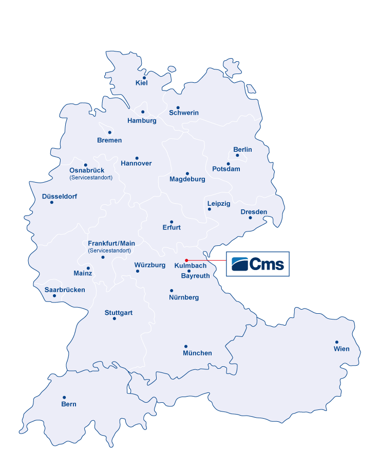 Deutschlandkarte mit den Unternehmensstandorten. Kulmbach ist als Hauptsitz hervorgehoben, Osnabrück und Frankfurt am Main als Servicestandorte.