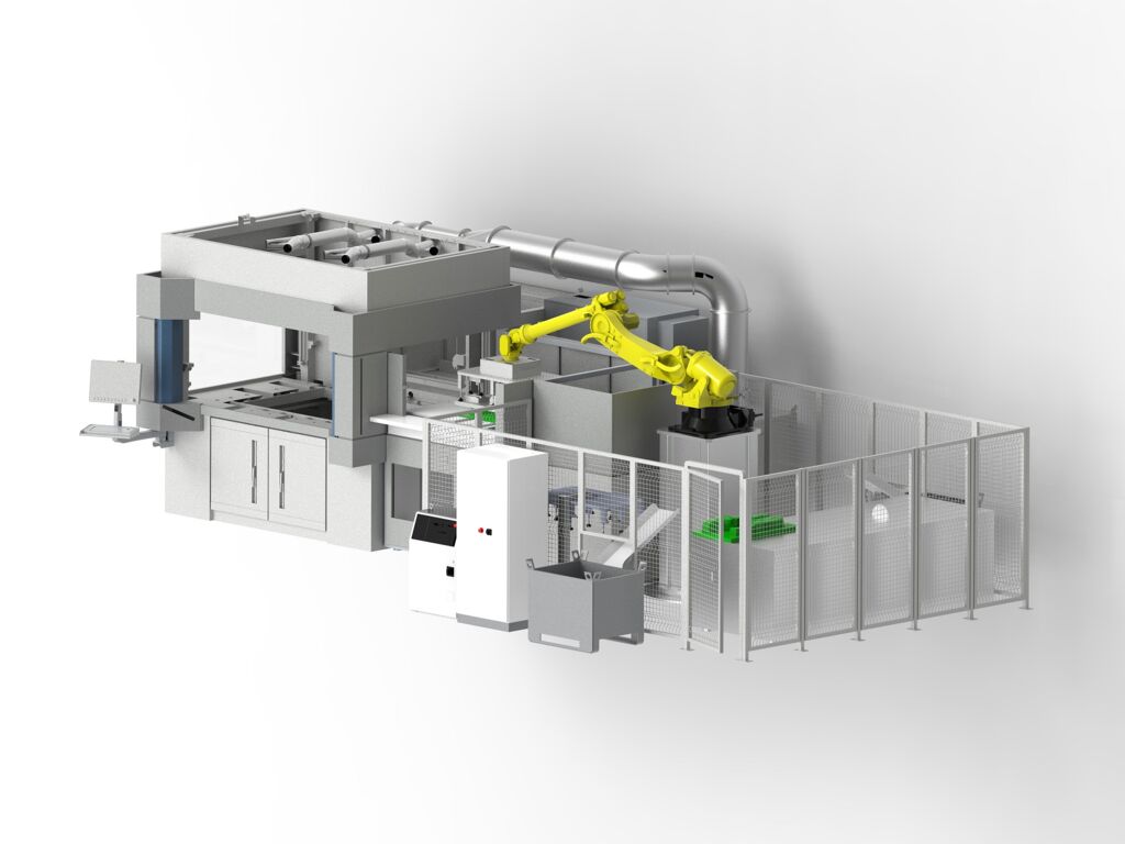 3D-Darstellung einer automatisierten Fertigungsstraße: Großformatige CNC-Bearbeitungsmaschine mit gelbem Roboterarm